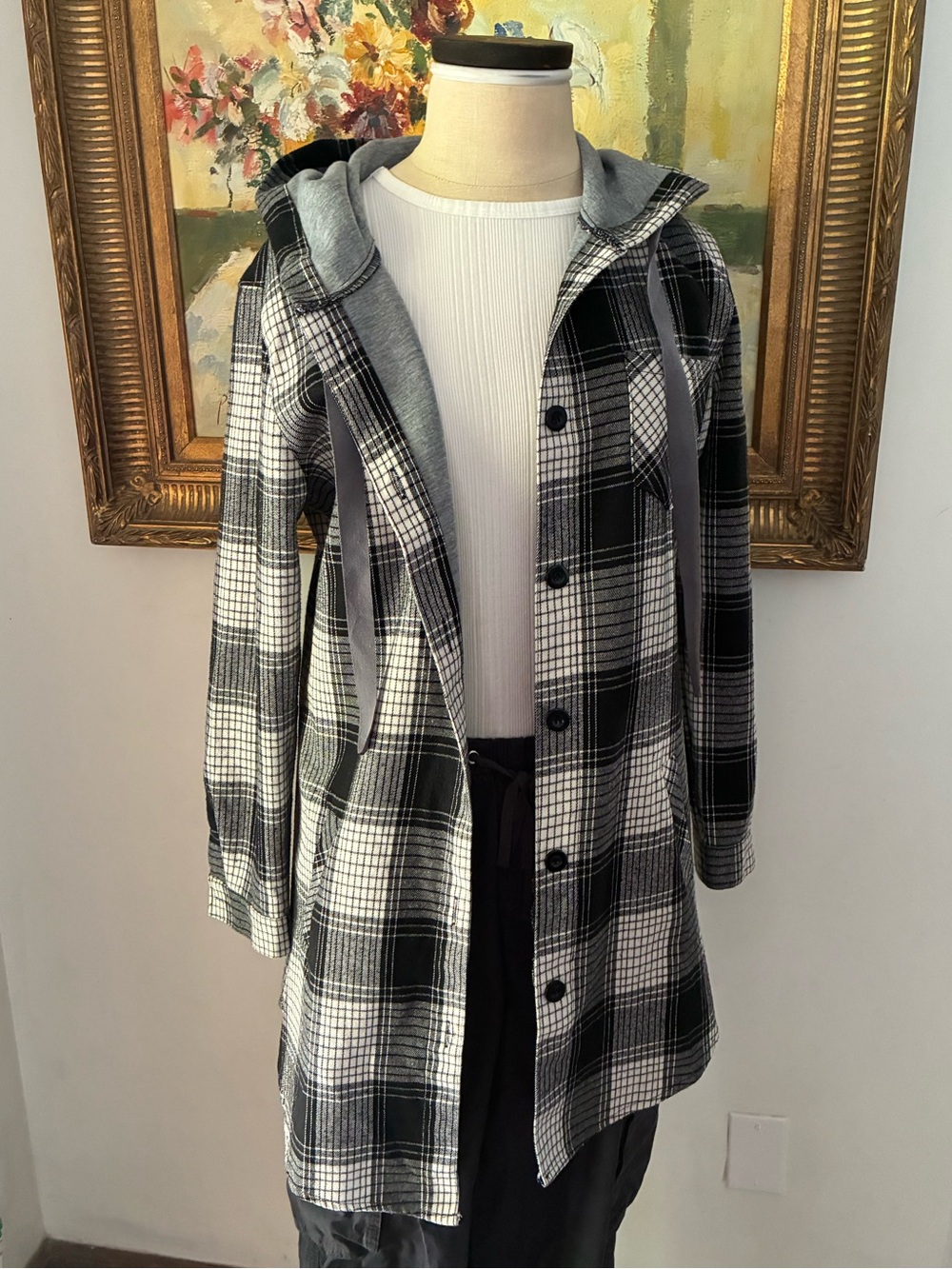 Grace Karin Grunge Black and White Plaid Long Hooded Top Jacket Size Small